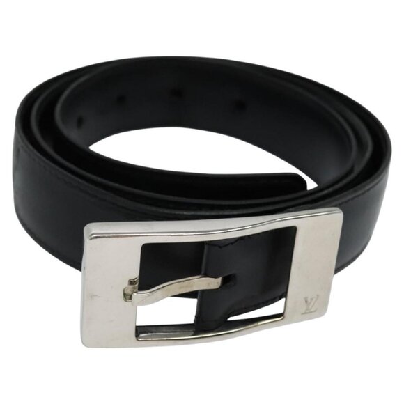 LOUIS VUITTON Belt Leather 29.9""-34.3"" Black Silver LV Auth - Picture 1 of 16